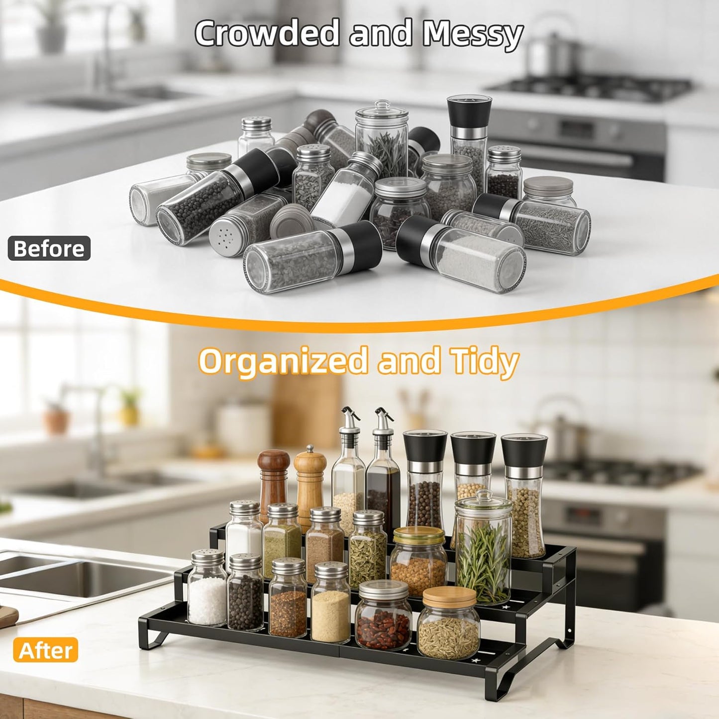 3-Tier Spice Rack Organizer, 13"-21.5" Expandable Spice Organization Shelf, Metal Seasoning Organizer for Kitchen Countertop or Pantry, Slip-Resistant Design for Jars and Bottles, Black
