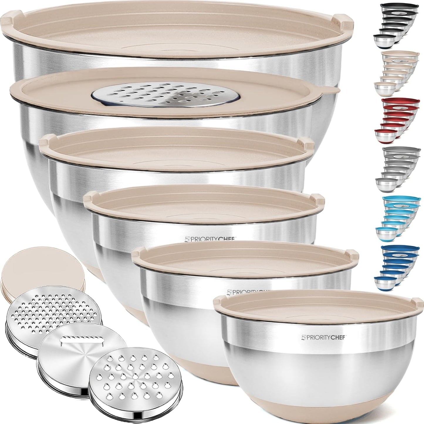 Priority Chef 6Pc Large Mixing Bowls With Lids Set with Non-Slip Bases, Stainless Steel Mixing Bowl Set, 6 Airtight Lids and 3 Graters, Turquoise