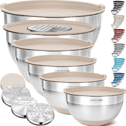 Priority Chef 6Pc Large Mixing Bowls With Lids Set with Non-Slip Bases, Stainless Steel Mixing Bowl Set, 6 Airtight Lids and 3 Graters, Turquoise