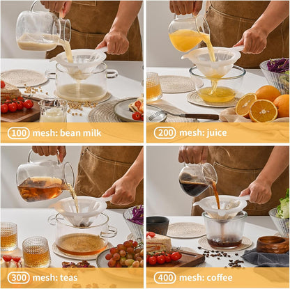 Premium Multi-Mesh Strainer Set, 4 Pack - 100/200/300/400 Mesh, Nylon & Plastic Fine Mesh Sieve for Tea, Coffe, Nut Milk, Juice, Broth, Smoothies, Reusable & Easy to Clean, Durable,Dishwarer Safe