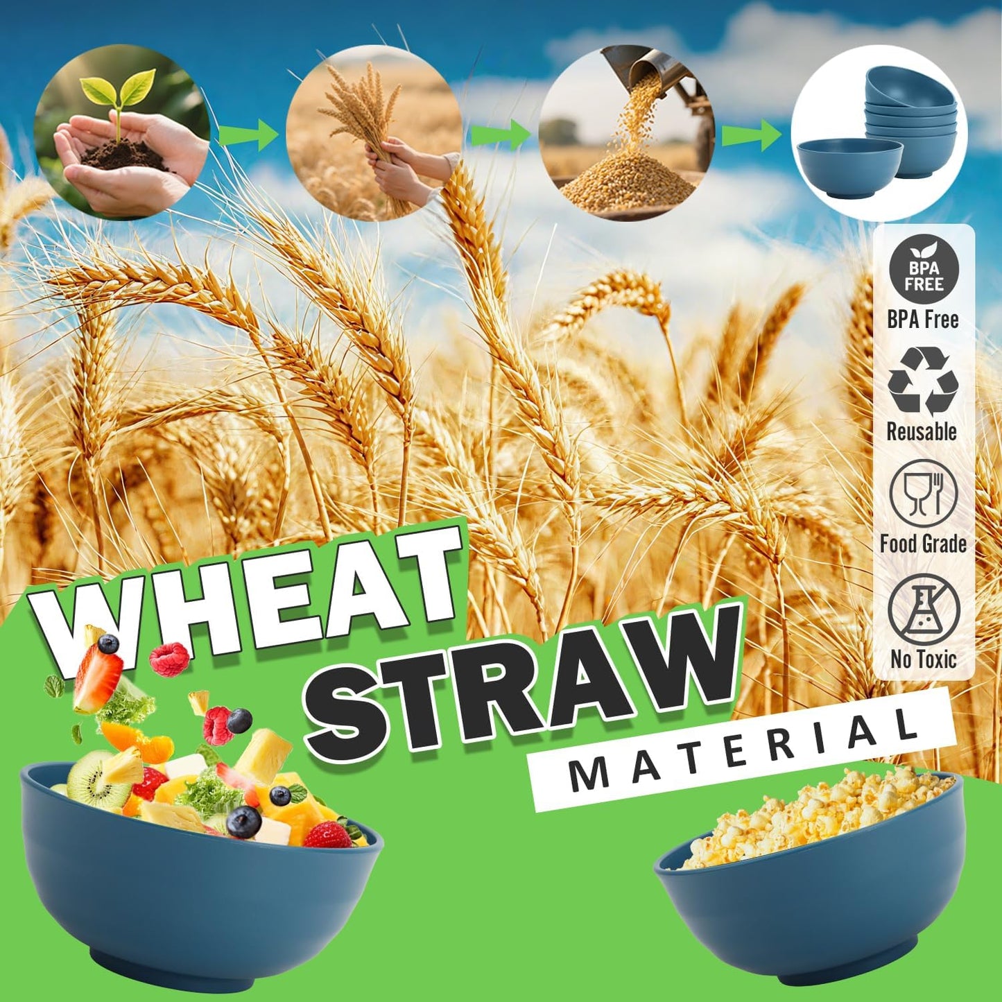 Wheat Straw Bowls Set with Lids, Unbreakable 40 OZ Cereal Bowls Set of 4, Salad Container for Lunch, Microwave & Dishwasher Safe Bowl Set for Kitchen, Picnic, RV, Camping, Multi