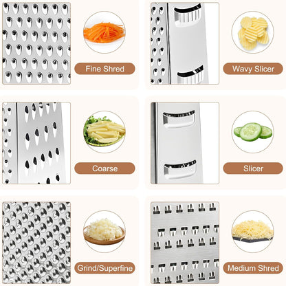 Cheese Grater, 6 Sides Box Graters for Kitchen, Stainless Steel Food Shredders for Cheese Vegetables Potatoes Carrot (Pink Handle)