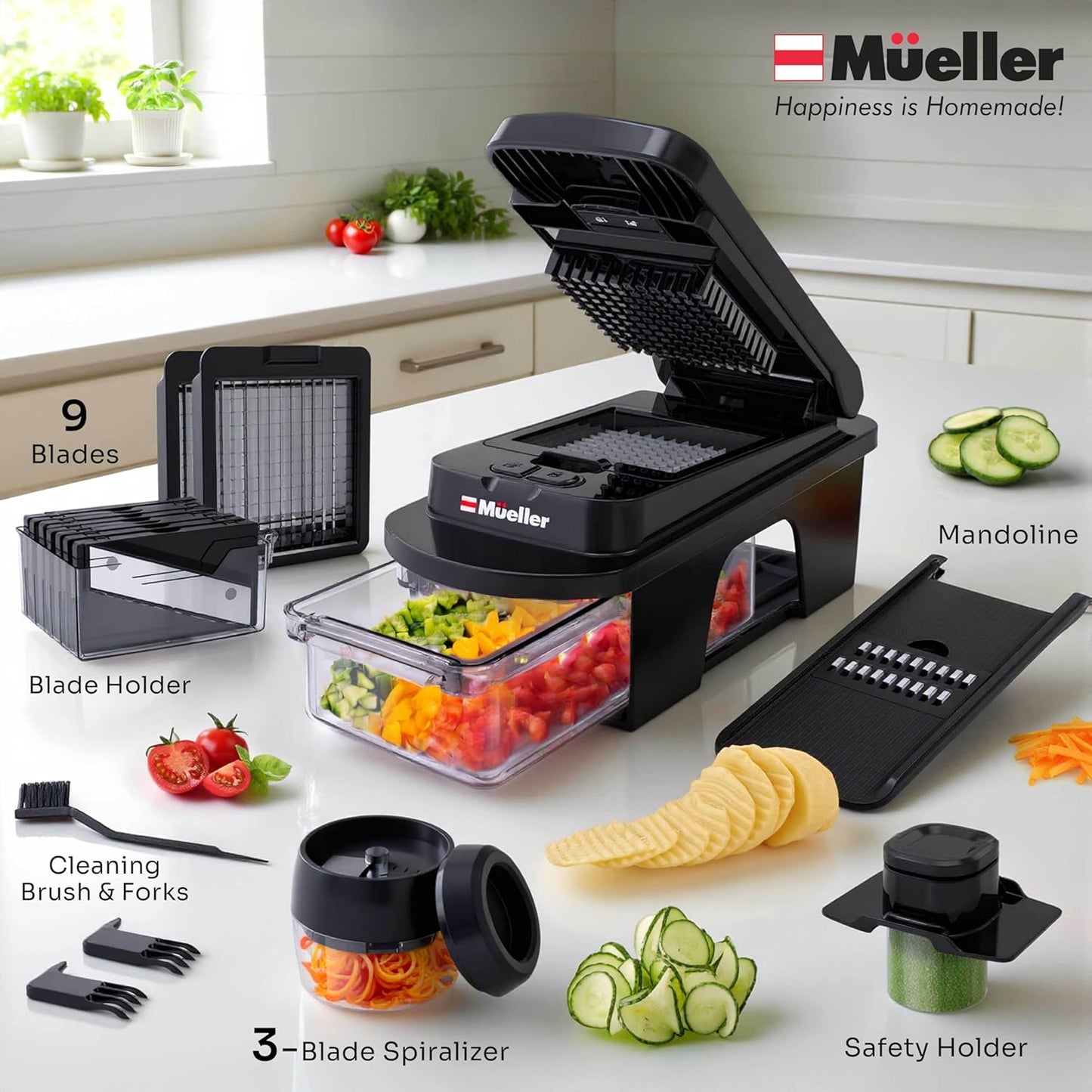 Mueller Pro-Series 10-in-1, 8 Blade Vegetable Chopper, Onion Mincer, Cutter, Dicer, Egg Slicer with Container, French Fry Cutter Potato Slicer, Home Essentials, Salad Chopper White Sand/Green