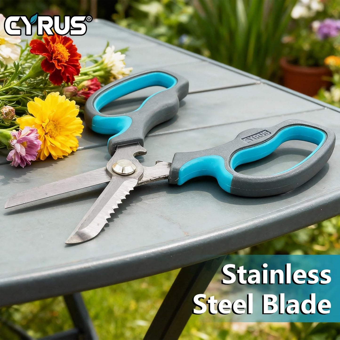 CYRUS Flower Scissors Floral Shears for Cutting Flowers,Garden Shears with Integrated Stab Remover,Florist Cutters Rose Snips,Blue