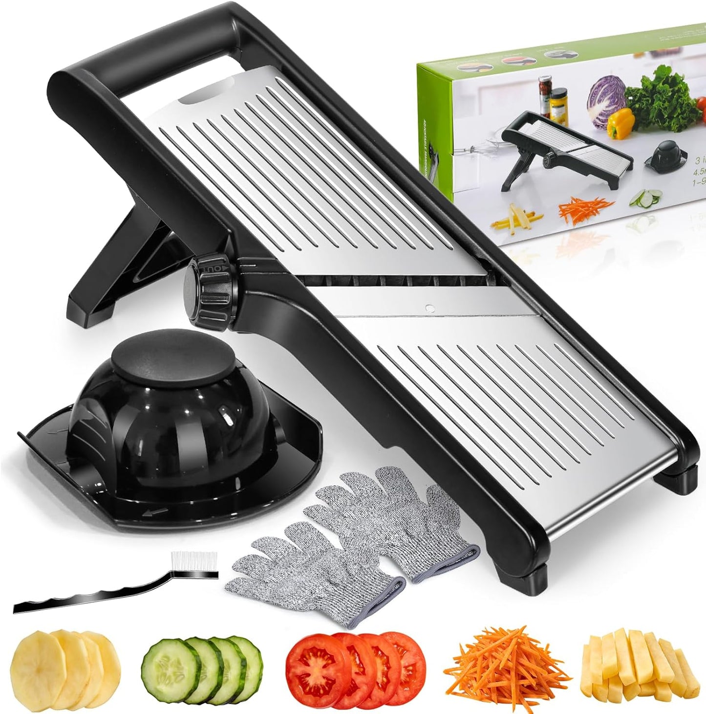 MASTERTOP Mandoline Slicer, 5 in 1 Mandoline Food Slicer for Kitchen,Stainless Steel Mini Vegetable Slicer with Safety Glove & Cleaning Brush,Adjustable Vegetable Chopper for Potatoes