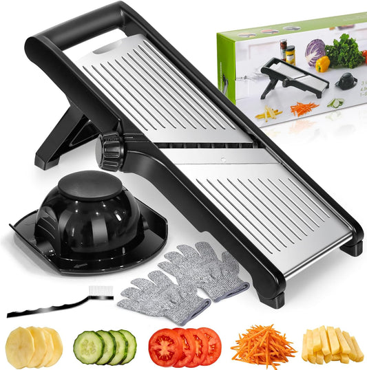 MASTERTOP Mandoline Slicer, 5 in 1 Mandoline Food Slicer for Kitchen,Stainless Steel Mini Vegetable Slicer with Safety Glove & Cleaning Brush,Adjustable Vegetable Chopper for Potatoes