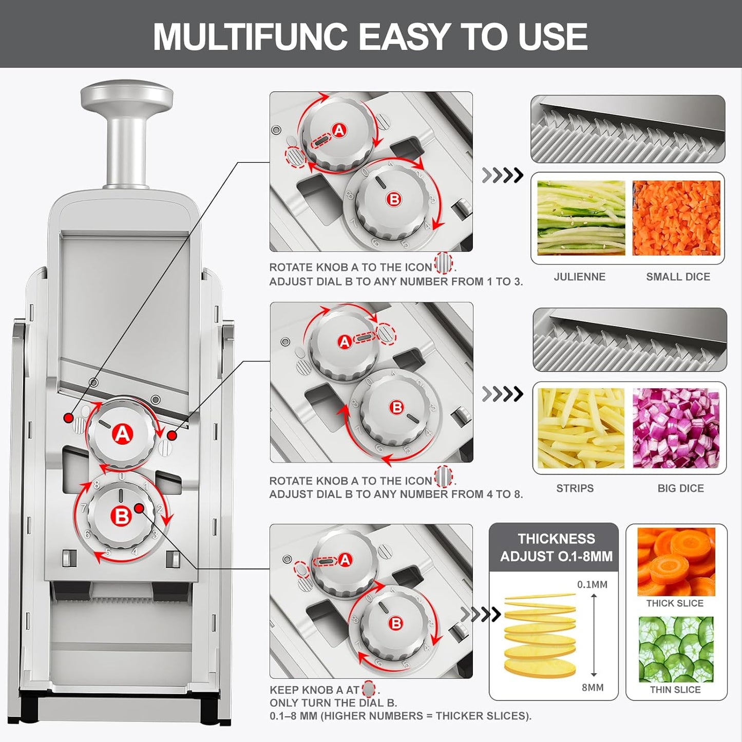 QYKIC Upgrade Safe Mandoline Slicer for Kitchen, Vegetable Chopper and Slicer, Potato Slicer Thickness Adjuster, French Fry Cutter, Veggie Onion Dicer Faster Kitchen Mandolin for Meal Prep