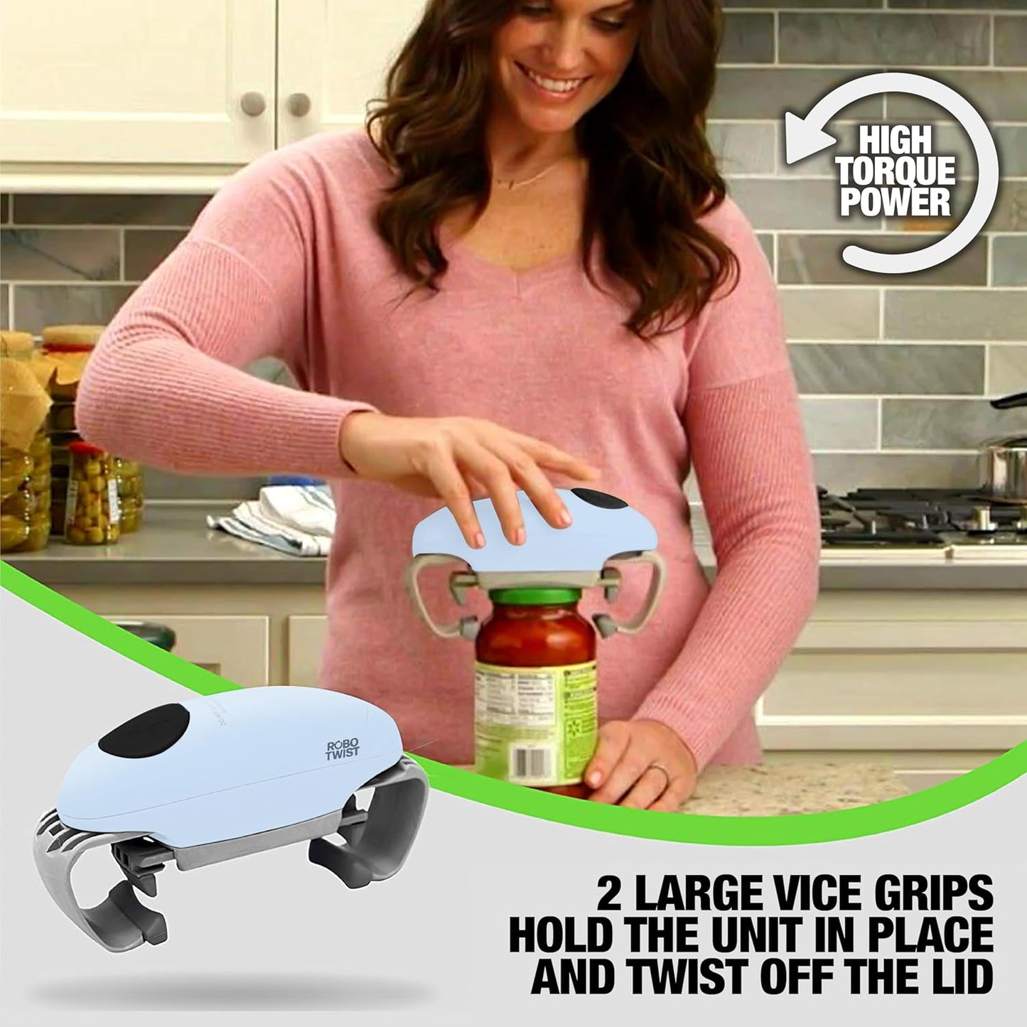 Robotwist Higher Torque Electric Jar Opener for Weak Hands, Automatic Lid Opener for Seniors with Arthritis, One Touch Battery Operated, Hands-Free, Fits 1.2-3.5" Jars, Deluxe Model, Sage Green