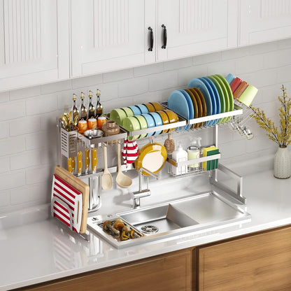 PUSDON Over the Sink Dish Drying Rack, 2 Tier Adjustable Large Capacity Stainless Steel Dish Rack for Kitchen Counter, Heavy Duty Space Saver Organizer with Utensil Holder, Black
