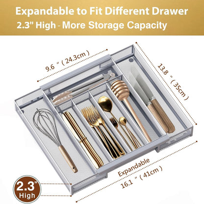 Sedegn Silverware Organizer Metal Mesh, Large Drawer Organizer, Utensil Cutlery Tray for kitchen drawers, Flatware Organizer with 6 Compartment, Black (11.3”*16“)