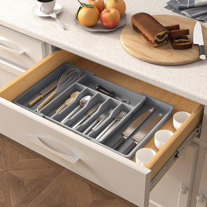 Lifewit Silverware Drawer Organizer, Expandable Utensil Tray for Kitchen, BPA Free Flatware and Cutlery Holder, Adjustable Plastic Storage for Spoons Forks Knives, 11-18 x 14", Black