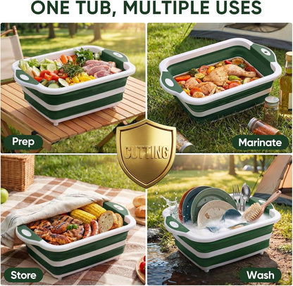 Collapsible BBQ Prep Tub with Lid, Foldable Camping Sink with Colander, Cutting Board, Dish Basin for Kitchen, Bowl, Vegetable and Fruit, Storage Basket for Picnic-Green