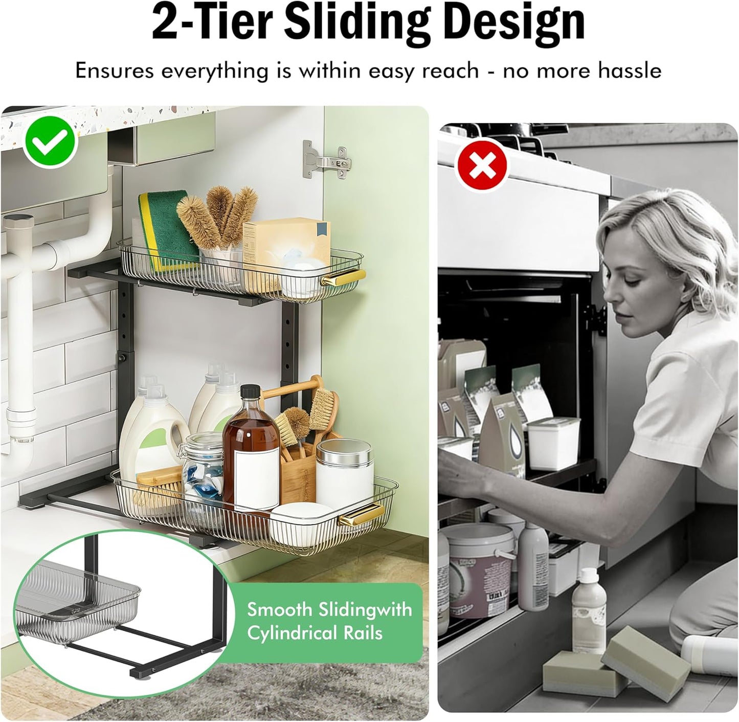 ARSTPEOE Under Sink Organizer - 2 Packs Multi-Purpose Pull-Out Storage Organizers, Slide out Pull out Metal Cabinet Organizer Shelf, Storage for Kitchen Bathroom, Black