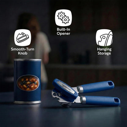 Restaurantware Comfy Grip 7.6 x 1.9 x 2.1 Inch Can Opener 1 Durable Manual Can Opener - Sharp Wheel Blade Grip Handle Mint Green Stainless Steel Hand-Held Can Opener Built-In Bottle Opener
