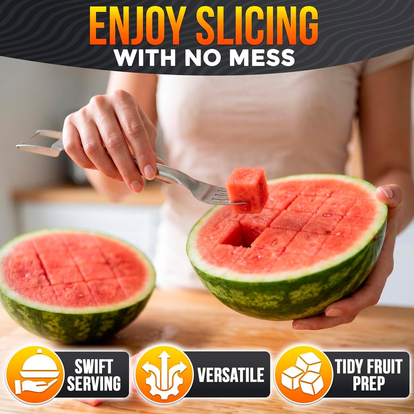2-in-1 Watermelon Slicer Cutter Tool for 1” Cubes & Slices – Stainless Steel Watermelon Cutter Knife for Fast Fruit Cutting – Melon Slicer for Watermelon, Cantaloupe, Papaya, Honeydew, BBQ & Picnics