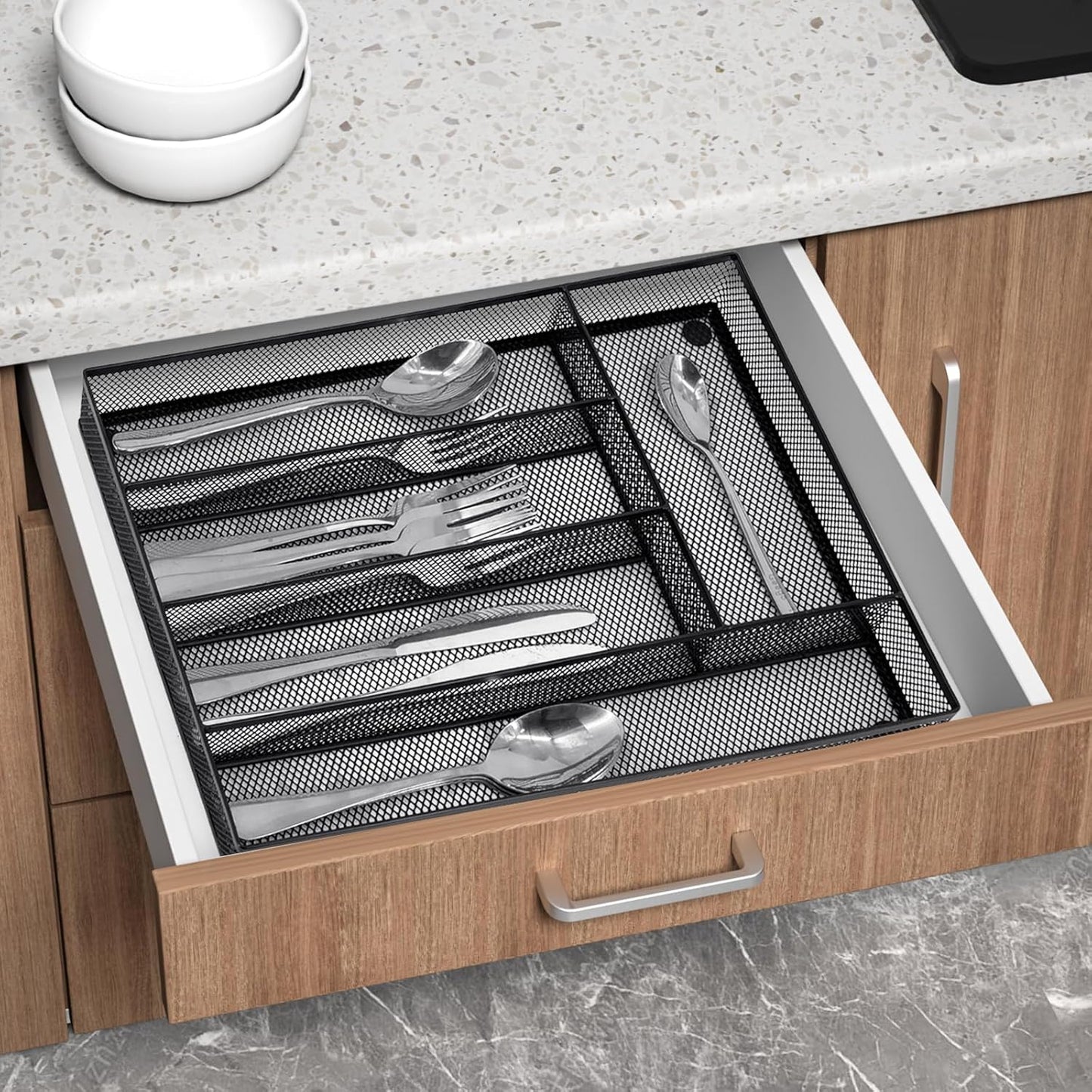 Neudeco Silverware Drawer Organizer - 5 Compartment Cutlery Tray with Non-Slip Feet, Mesh Wire Flatware Storage Divider for Kitchen, Bedroom, Living Room (Silver)
