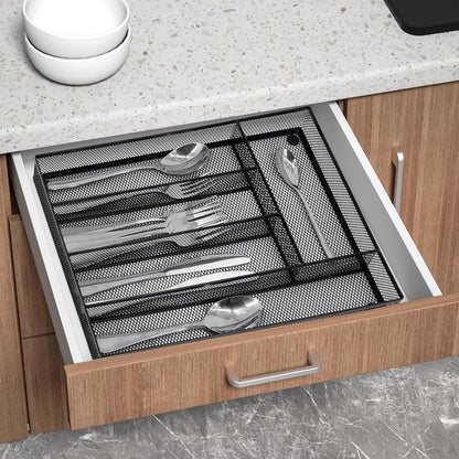 Neudeco Silverware Drawer Organizer - 5 Compartment Cutlery Tray with Non-Slip Feet, Mesh Wire Flatware Storage Divider for Kitchen, Bedroom, Living Room (Silver)