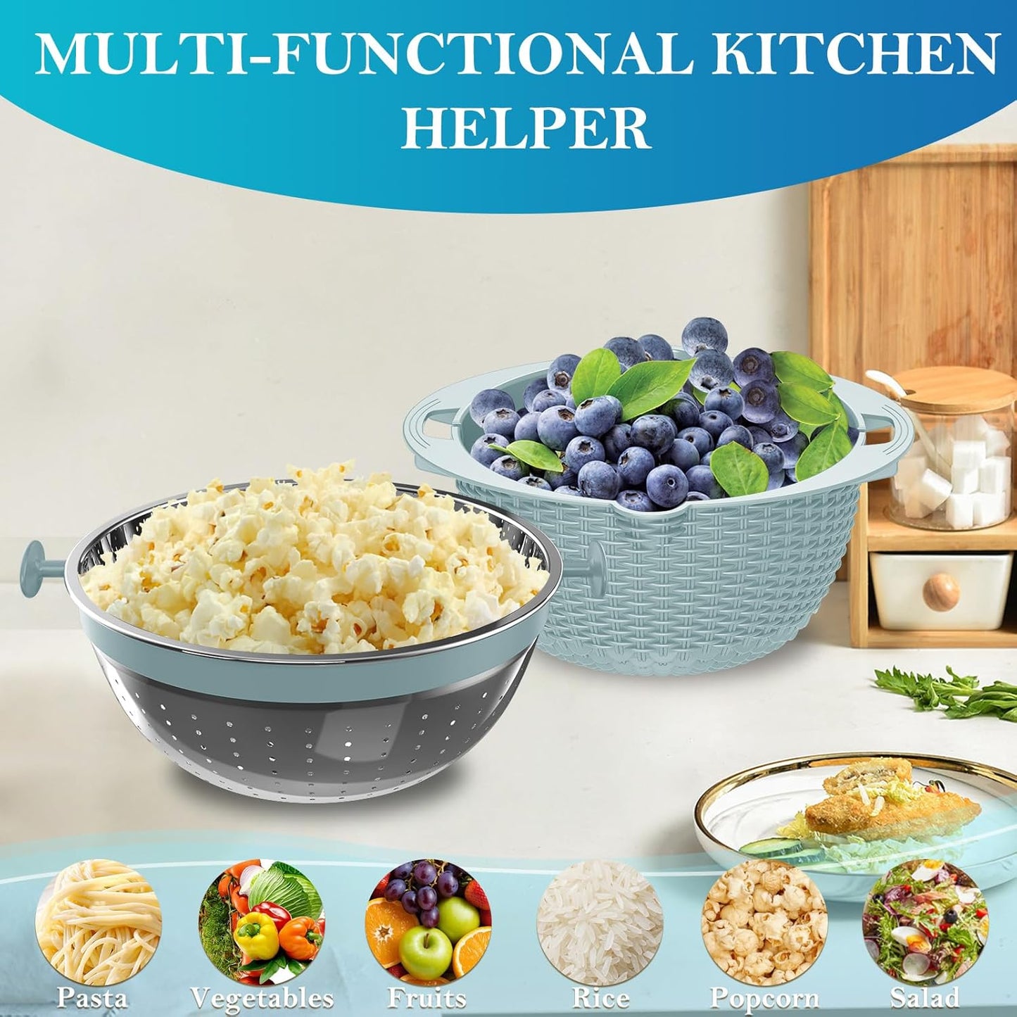 Over the Sink Colander, Expandable Strainers and Colanders with Fine Mesh, Colander for Kitchen with Rubber Grip for Draining Pasta, Vegetables and Fruits - Essential Kitchen Sink Strainer