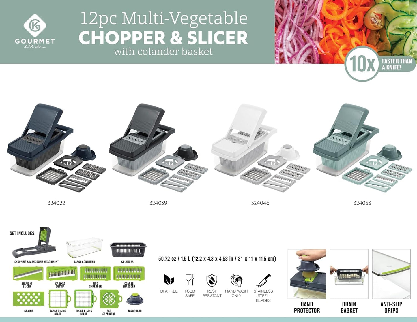 12-Piece Vegetable Chopper, Spiralizer, Slicer – Multi-Functional Chopper & Slicer with 7 Blades, Food Storage Container and Hand Guard – Ideal for Vegetables, Fruits & More - Teal