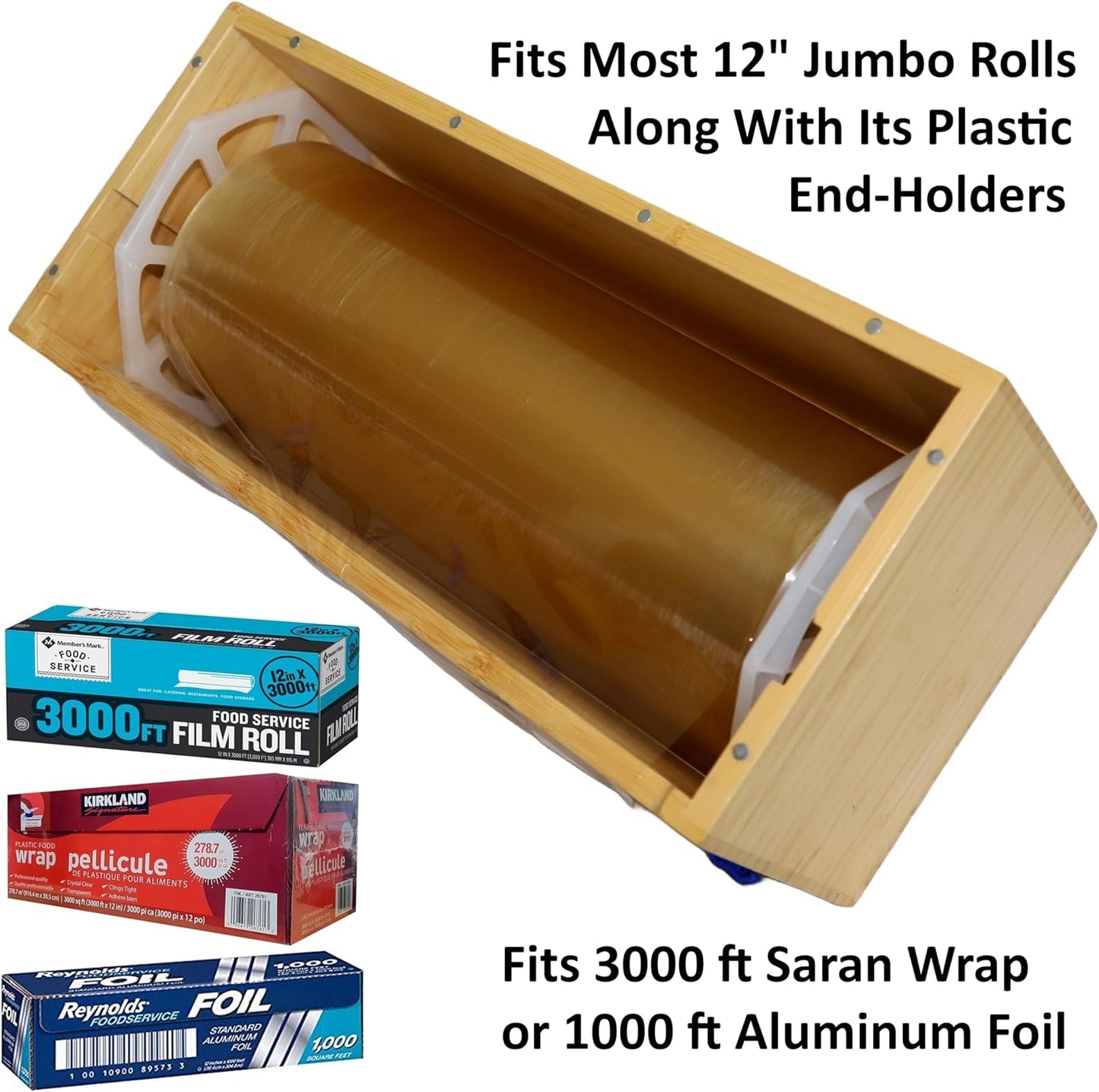 Vacuum Sealer Bag Roll Dispenser with Slide Cutter - Reusable Bamboo Vacuum Bag Dispenser Fits Most 50 ft Food Saver Bags Rolls, Most 12" Rolls of Plastic Wrap, Aluminum Foil and Wax Paper