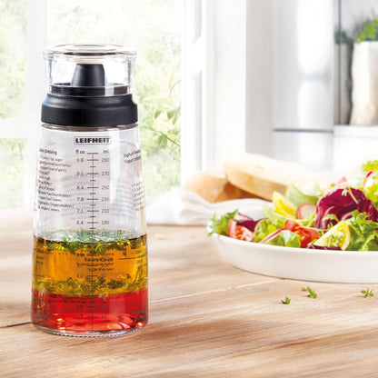Leifheit Glass Salad Dressing Bottle 10 oz – Durable Eco-Friendly Glass with Leakproof Plastic Lid, Non-Drip Spout, Built-In Recipe Guide, Dishwasher Safe, German Design – Black