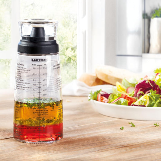 Leifheit Glass Salad Dressing Bottle 10 oz – Durable Eco-Friendly Glass with Leakproof Plastic Lid, Non-Drip Spout, Built-In Recipe Guide, Dishwasher Safe, German Design – Black