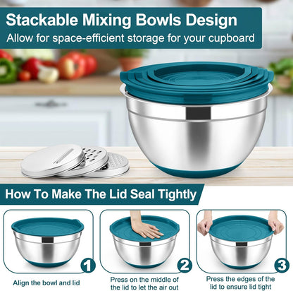 TeamFar Mixing Bowls, 6 PCS Stainless Steel Nesting Salad Bowl with Lids & 3 Graters, For Kitchen Cooking Serving Prepping, Airtight & Non-Slip, Size 4.6/3.5/2/1.5/1/0.7 QT, Black