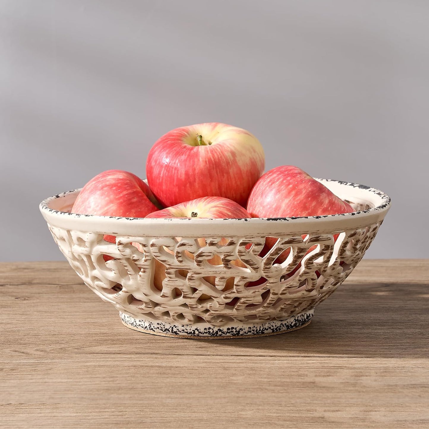 SIDUCAL Ceramic Fruit Bowl for Kitchen Counter,Decorative Fruit Basket with Holes, 10.43" Large Hollow Out Fruit Vegetable Holder Bowl for Table Decor, Gray