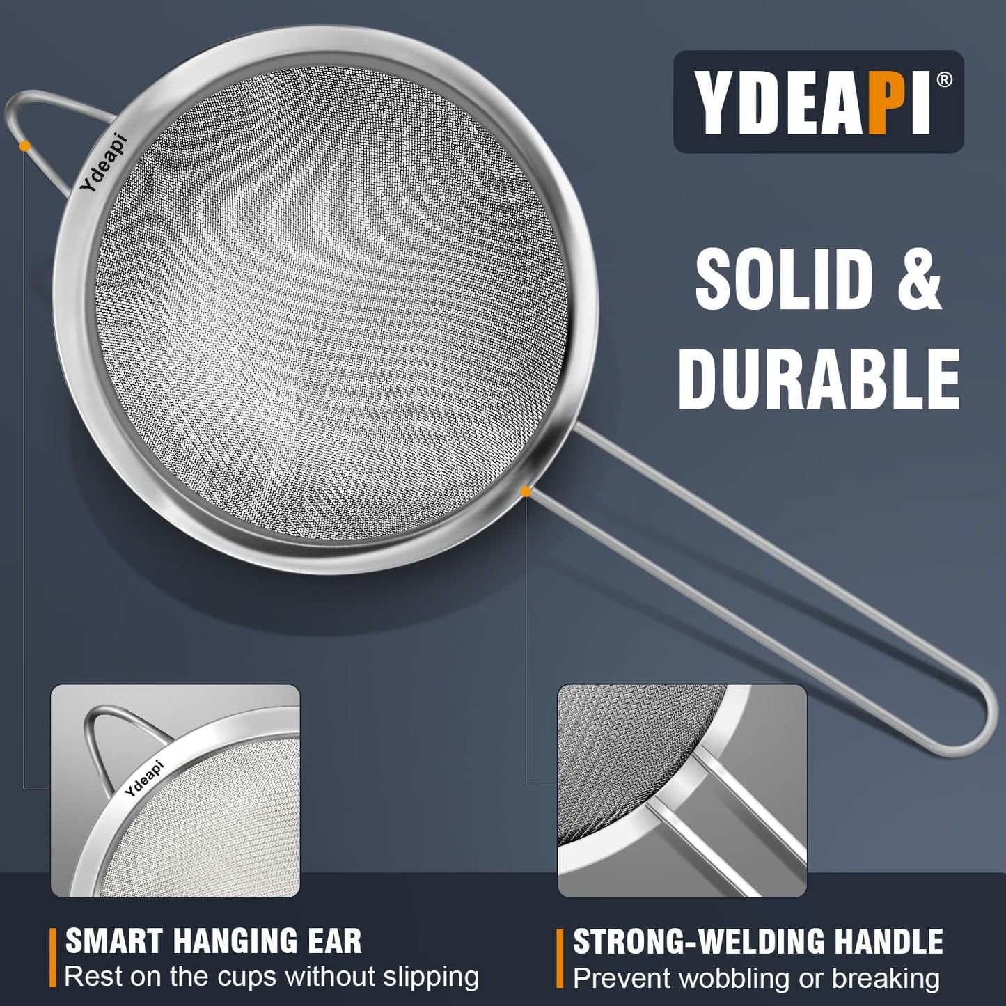 Ydeapi 8.6" Large Fine Mesh Strainer with Handle, Metal Food Strainers for Kitchen, Sieve Fine Mesh Stainless Steel for Rice, Quinoa, Pasta, Noodles