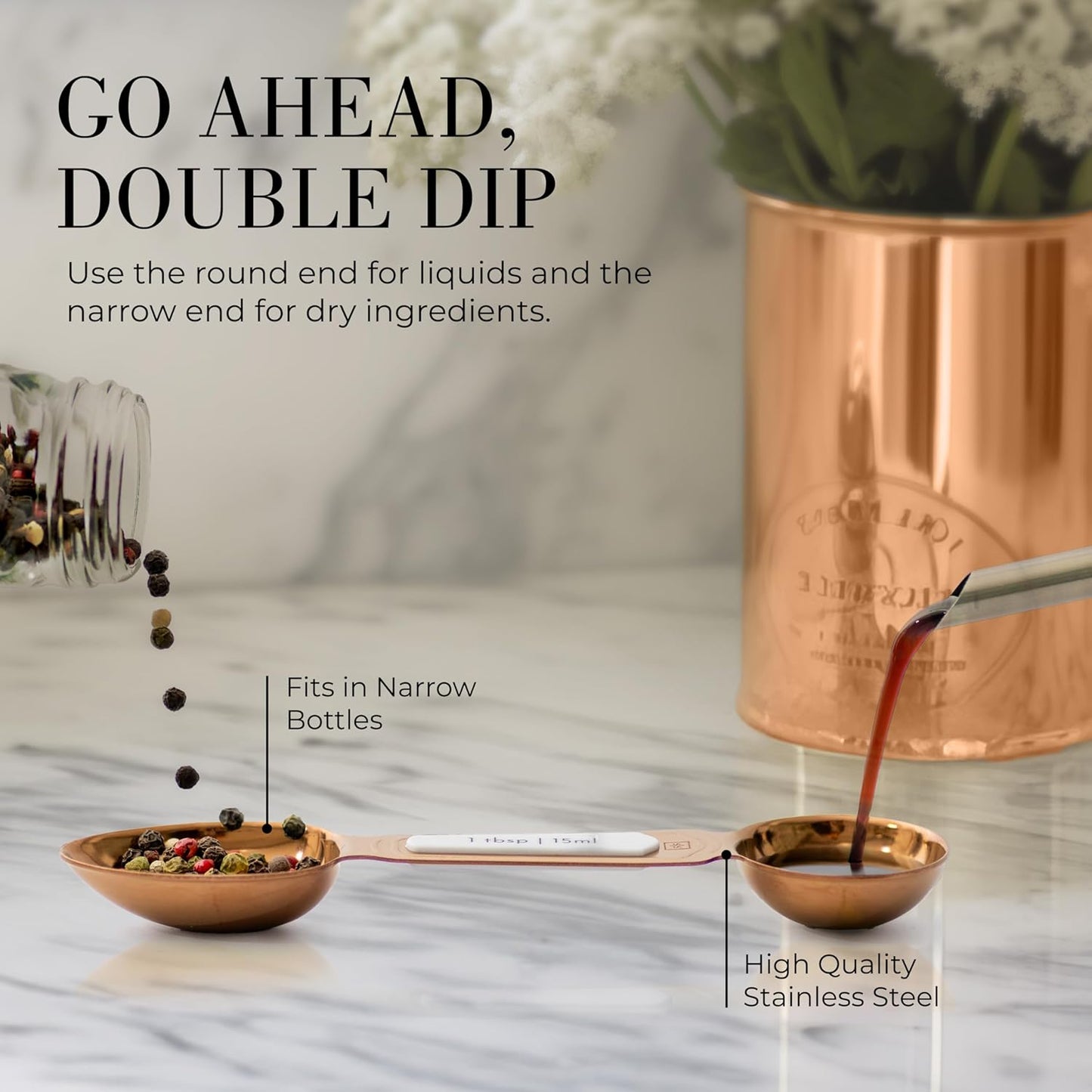 White and Gold Measuring Spoons with Leveler - Featuring 8PC Upgraded Style, Dual-Sided, Stackable, Stainless Magnetic Measuring Spoons Set - Fits in Spice Jars, White and Gold Kitchen Accessories
