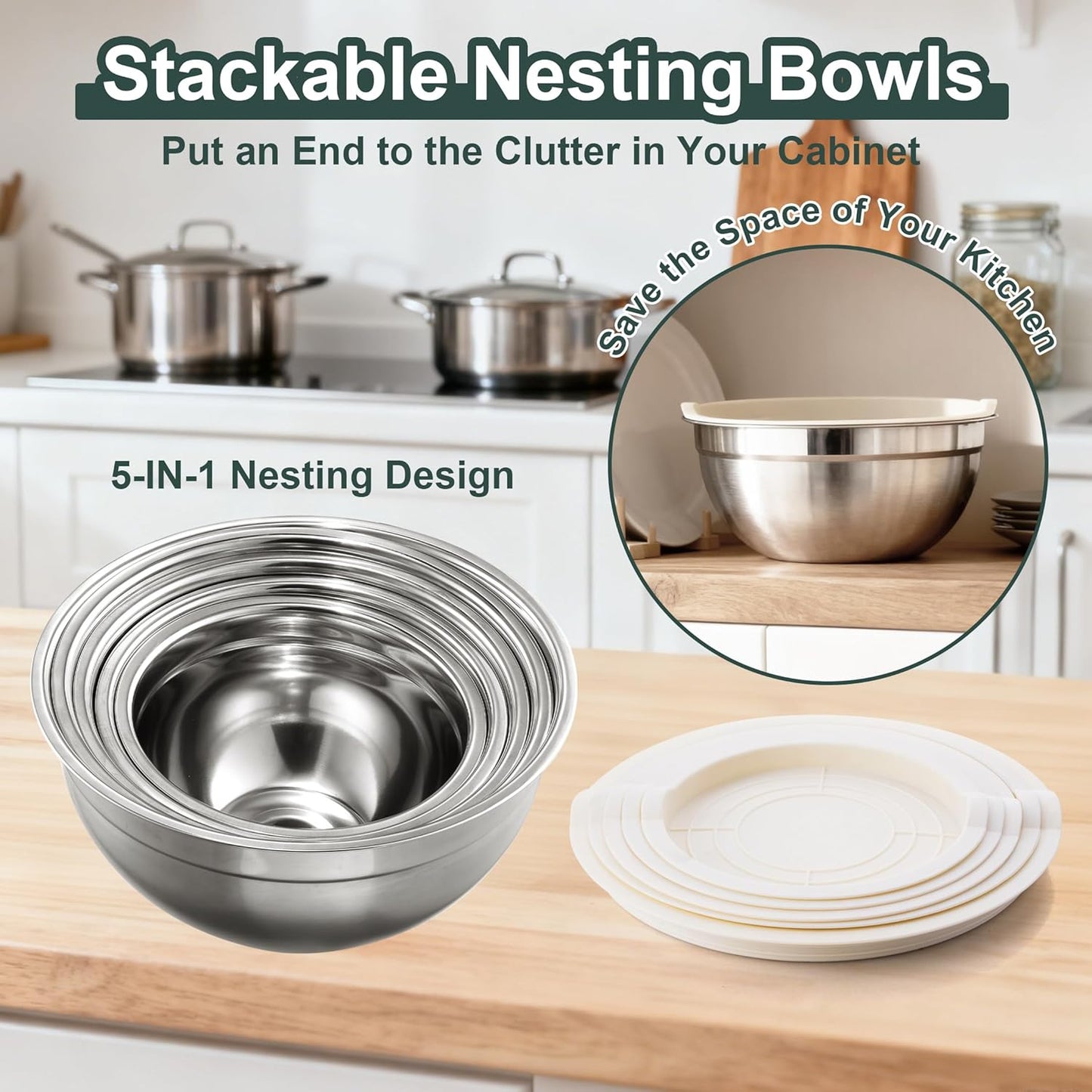 7 Piece Stainless Steel Mixing Bowls with Lids Set - Khaki Nesting Metal Mixing Bowls for Kitchen, Sizes 4.5, 4, 3.5, 2.1, 1.5, 1.1, 0.7 Qt for Baking, Cooking and Serving, Dishwasher Safe