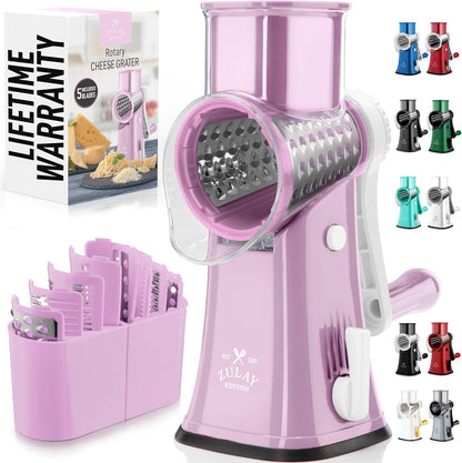 Zulay Kitchen Rotary Cheese Grater 5 Blade Cheese Shredder - Manual Hand Crank Cheese Grater With Reinforced Suction & 5 Interchangeable Drums - Easy to Use, Vegetable Chopper Round Mandoline Slicer - Colors B