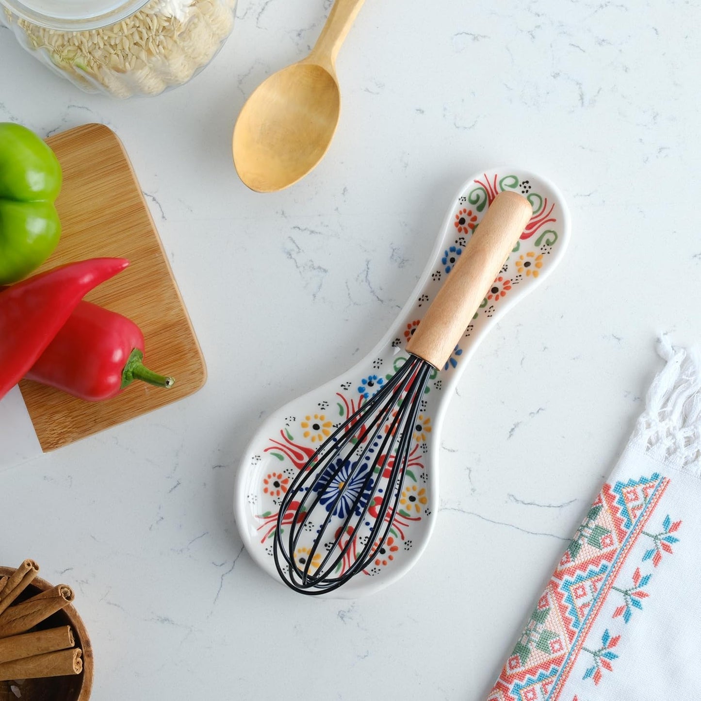 Handmade Spoon Rest, Ceramic Spoon Rest for Stove Top, 10" Spoon Rest for Kitchen Counter, Dishwasher Safe Spoon Holder for Stove, Housewarming Gifts Utensil Rest, Colorful Spoon Rests (Black)