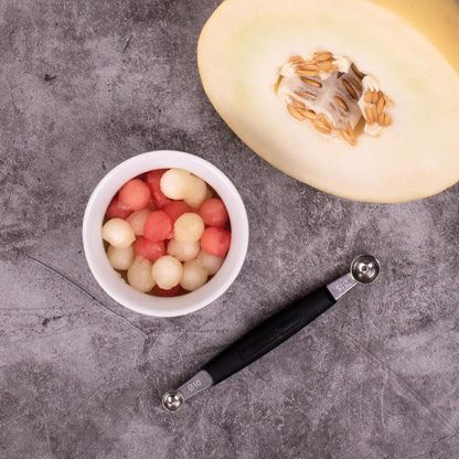 Cat Cora Melon Baller, Professional 18/8 Stainless Steel Dual Blades 10/15-Millimeter for Melon Balls and Garnishes, Ergonomic Soft-Grip Handle