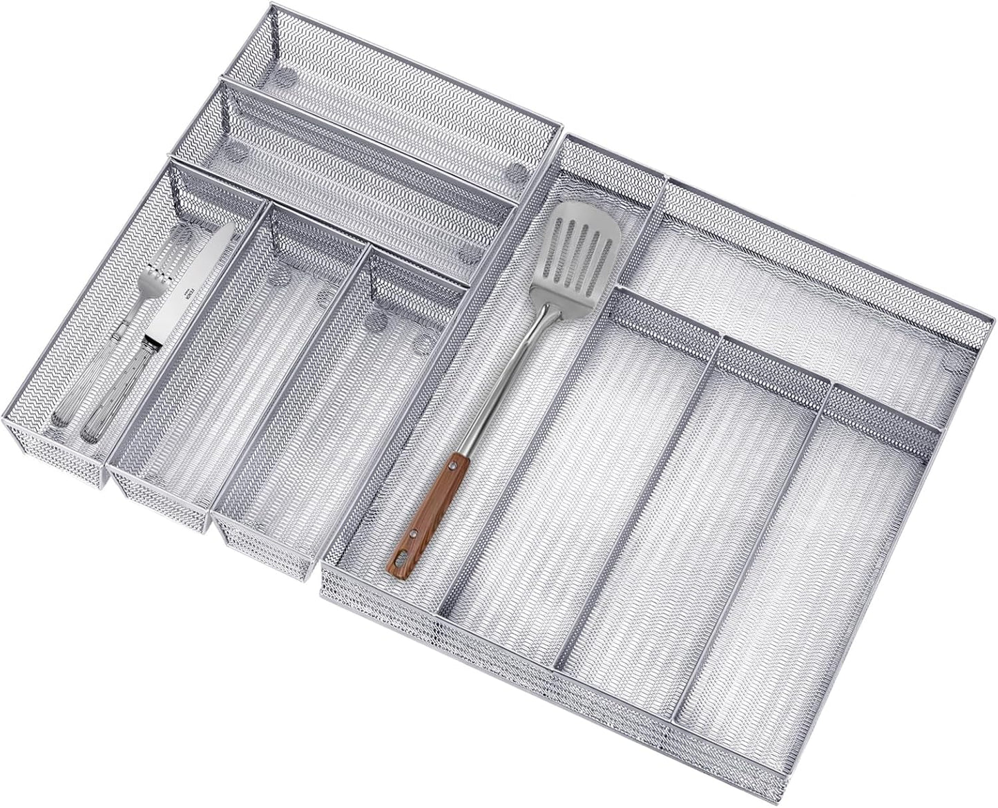 Neudeco Silverware Drawer Organizer - 5 Compartment Cutlery Tray with Non-Slip Feet, Mesh Wire Flatware Storage Divider for Kitchen, Bedroom, Living Room (Silver)