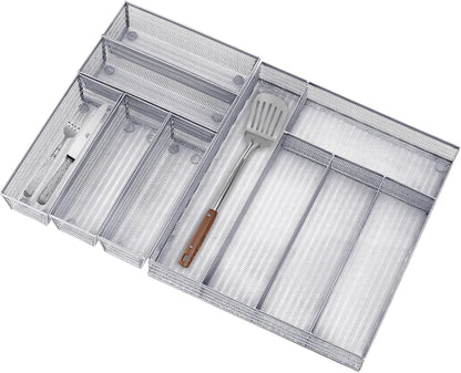 Neudeco Silverware Drawer Organizer - 5 Compartment Cutlery Tray with Non-Slip Feet, Mesh Wire Flatware Storage Divider for Kitchen, Bedroom, Living Room (Silver)