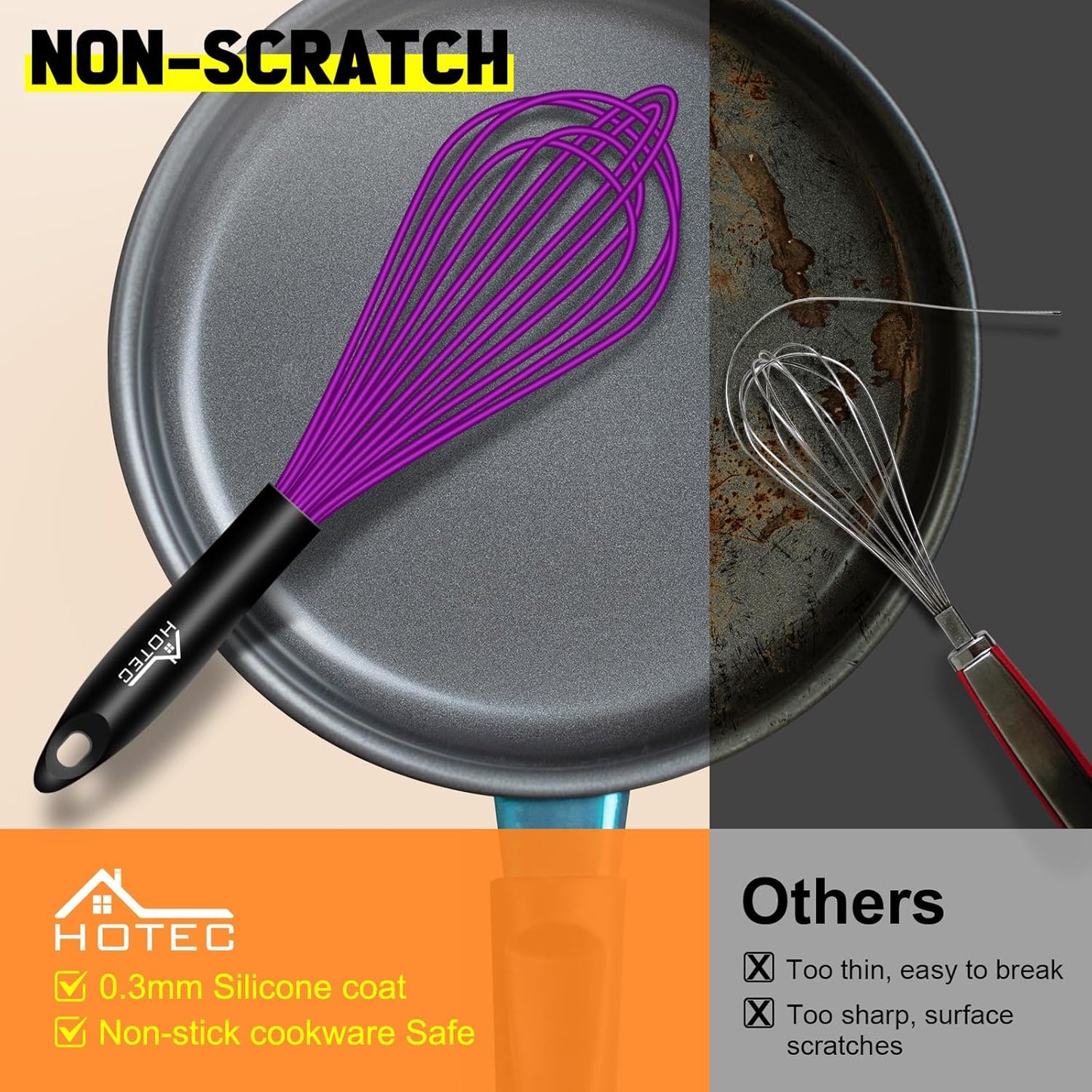 HOTEC 4 Pieces Silicone Whisks Set, Wire Balloon Whisks for cooking Egg Beater, Non-slip Handle Whisk for Non-stick Cookware Perfect for Cooking, Stirring, Beating and Blending (Multicolor)
