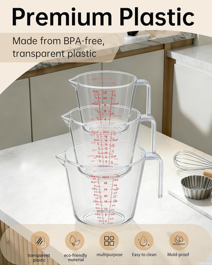 Measuring Cups, Plastic Measuring Cups Set of 3-1000ml, 600ml, 300ml with Spout & Easy-Pour Design, Leak-Proof, Cooking, Baking, Liquid & Dry Ingredients, (ML/OZ/CUP)