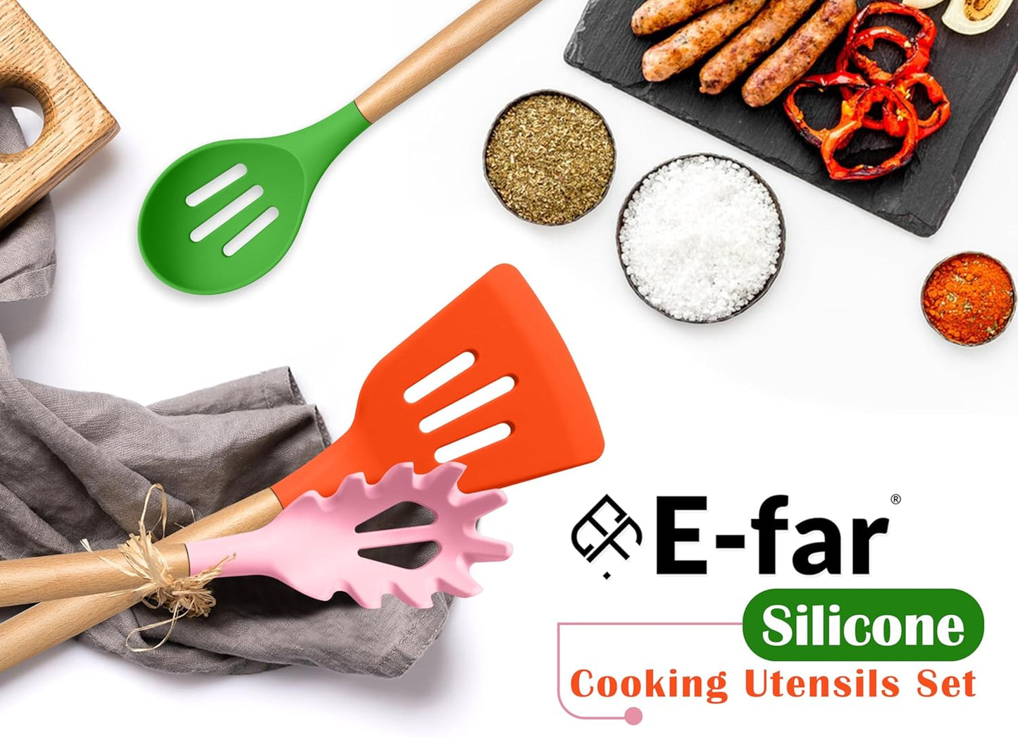 E-far Silicone Cooking Utensils Set, 10-Piece Heat Resistant Kitchen Utensils Set with Wooden Handle for Nonstick Cookware, Kitchen Nonstick Tools Spatula Whisk Tongs Ladle, Non-toxic & Healthy(Khaki)