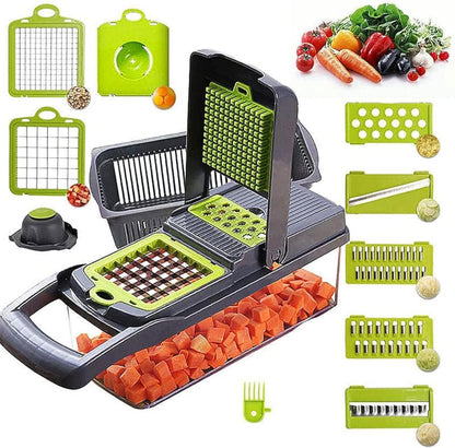 All-In-One, 12 Blade Mandoline Slicer, Vegetable Spiralizer, Cutter, Dicer, Food Chopper, Grater, Kitchen Gadgets Sets with ContainerPro Onion Chopper Veggie Chopper With Container(Grey green) slicer
