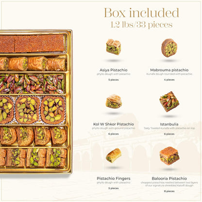 Damaskino Home Assorted Turkish Baklava Gift Box – 1.1lb (500g) 35 Pieces – Traditional Pistachio Baklava Pastry with Walnut & Cashew Fillings – Authentic Middle Eastern Sweets – Pistachio Gift Box