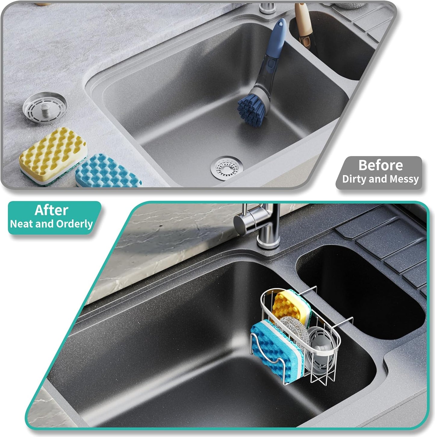 HapiRm Multifunctional Sponge Holder with Unique M-Shaped, 2 Installation Methods Kitchen Sink Caddy Organizer, Rustproof Stainless Steel Kitchen Organizers and Storage Essentials - Black