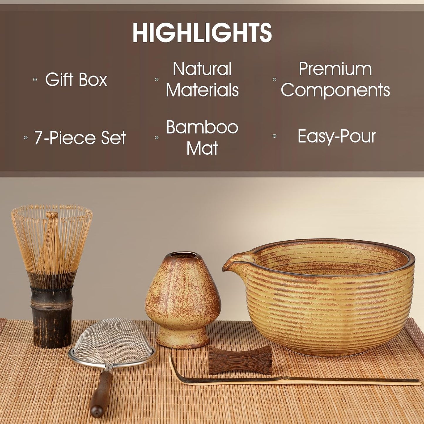 Matcha Whisk Set, 7-Piece Matcha Kit with Ceramic Bowl, Bamboo Whisk, Scoop, Sifter, Holder & Bamboo Mat – Premium Matcha Tea Set for Beginners & Matcha Lovers, Gift Ready