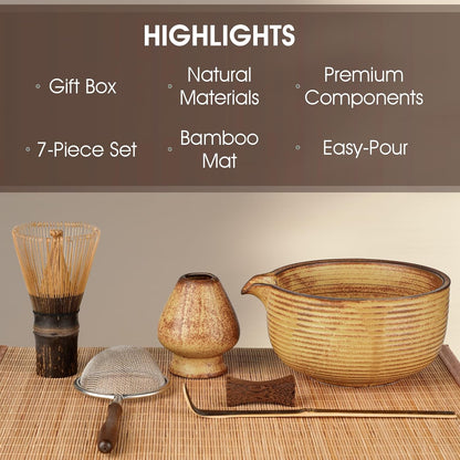 Matcha Whisk Set, 7-Piece Matcha Kit with Ceramic Bowl, Bamboo Whisk, Scoop, Sifter, Holder & Bamboo Mat – Premium Matcha Tea Set for Beginners & Matcha Lovers, Gift Ready