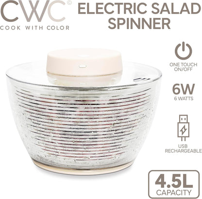 COOK WITH COLOR Electric Salad Spinner, Round 4.5L Capacity – Fast Drying & Easy Spin for Fresh Greens, Cream