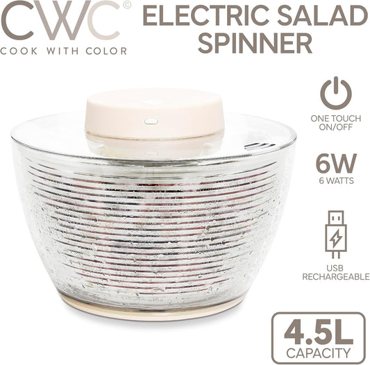 COOK WITH COLOR Electric Salad Spinner, Round 4.5L Capacity – Fast Drying & Easy Spin for Fresh Greens, Cream