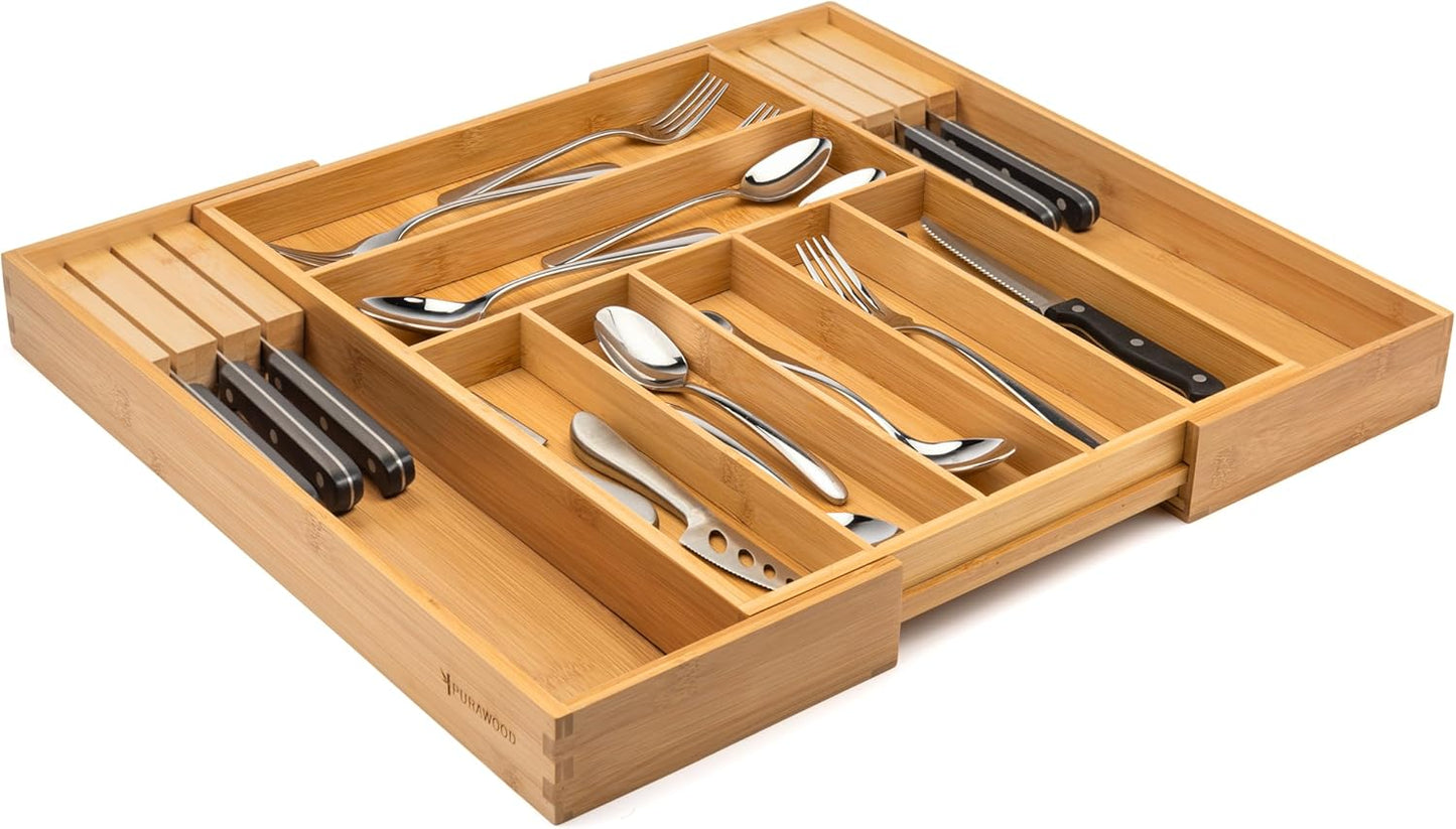 Purawood Bamboo Drawer Organizer - Expandable Silverware Organizer & Utensil Drawer Organizer, Cutlery Tray with Dividers, 7-9 Slots- Kitchen Organizer for Utensils & Flatware (Natural)