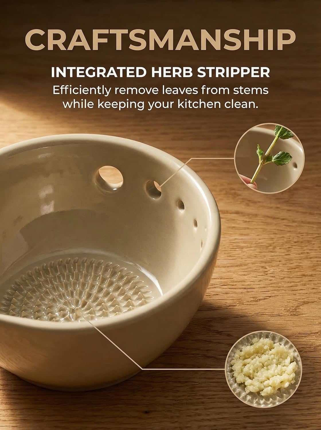 Garlic Grater Bowl 7-hole 2-in-1Kitchen Spanish Handheld Herb Stripper Ceramic Wasabi Cheese Spoon Ginger Spice Grinding Bowl Tool