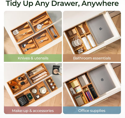 keechee Carbonized Bamboo Kitchen Drawer Organizer, 10 Slots Expandable Silverware Organizer, Utensil Holder & Cutlery Tray, 2.2" Deep for Extra Capacity, Non-Slip Feet Included
