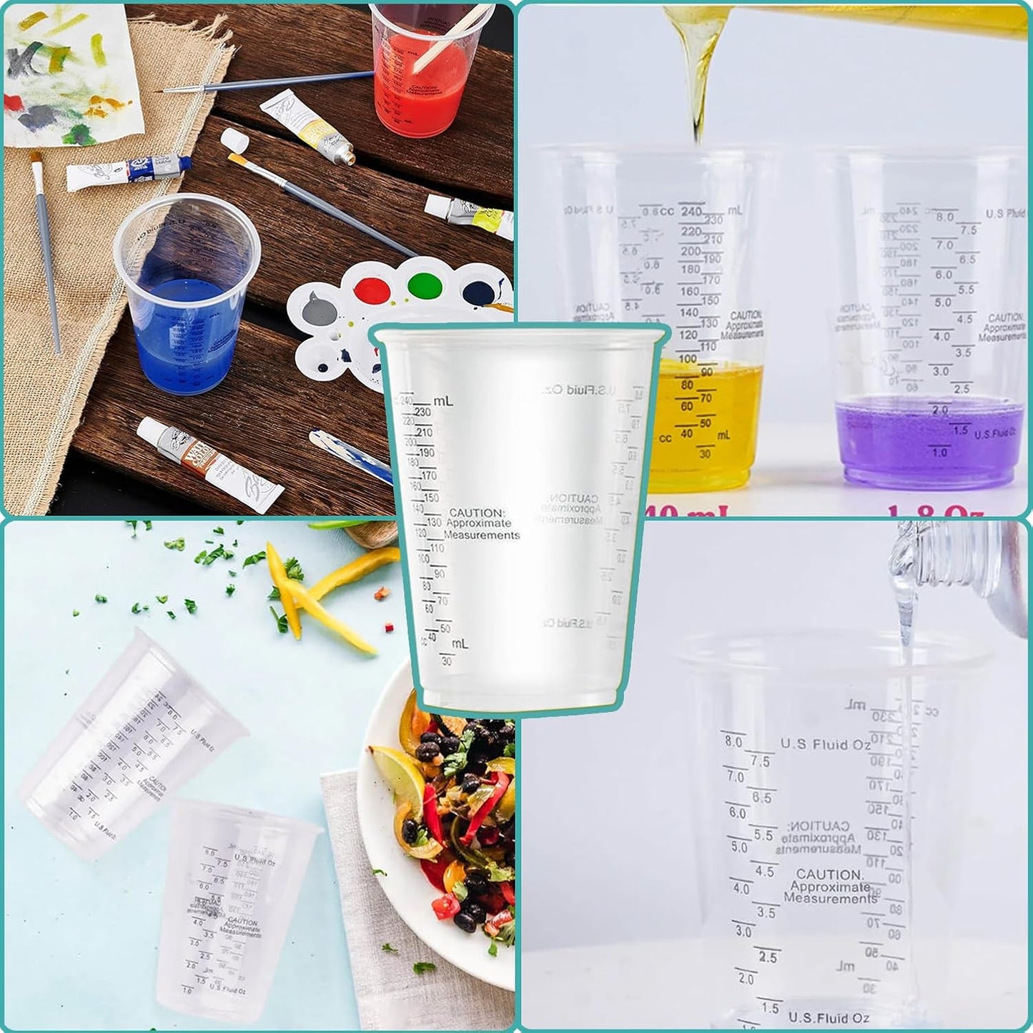 Taeku Measuring Cups Plastic, 8 oz Disposable Clear Epoxy Cups for Resin Reusable Multipurpose Stain Paint Liquid Mixing Cups for Cooking Baking (Pack of 100)